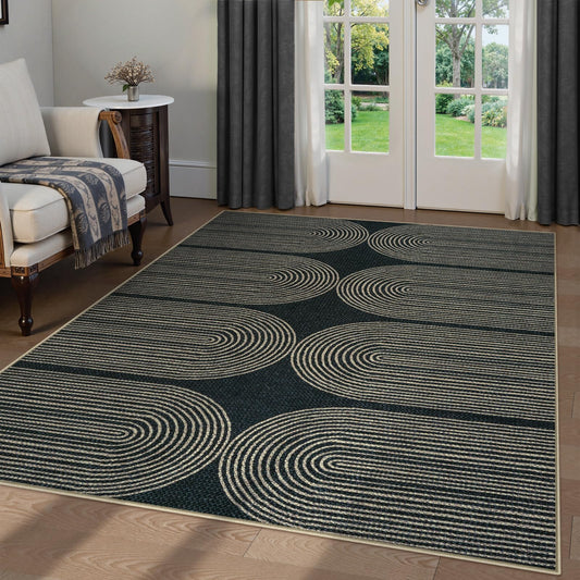 LIVEBOX Rainbow Easy Jute Outdoor Rug 5x7, Washable Area Rugs for Living Room Patio Farmhouse Indoor Outdoor Rug, Non Slip Modern Neutral Floor Carpet for Office Backyard Office Foyer (5'x7', Black)
