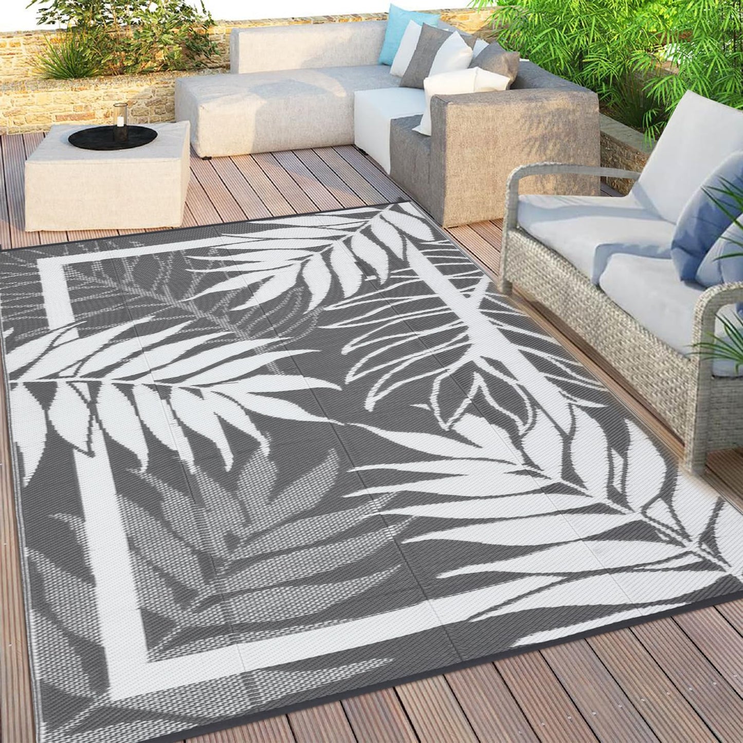 GAOMON 9'x18' Outdoor Rug Waterproof, Reversible Plastic Straw Rug for Large Patio, Backyard, Poolside, Deck – UV Resistant, Heavy Duty, Easy Clean Outdoor Carpet for High Traffic, Grey&White