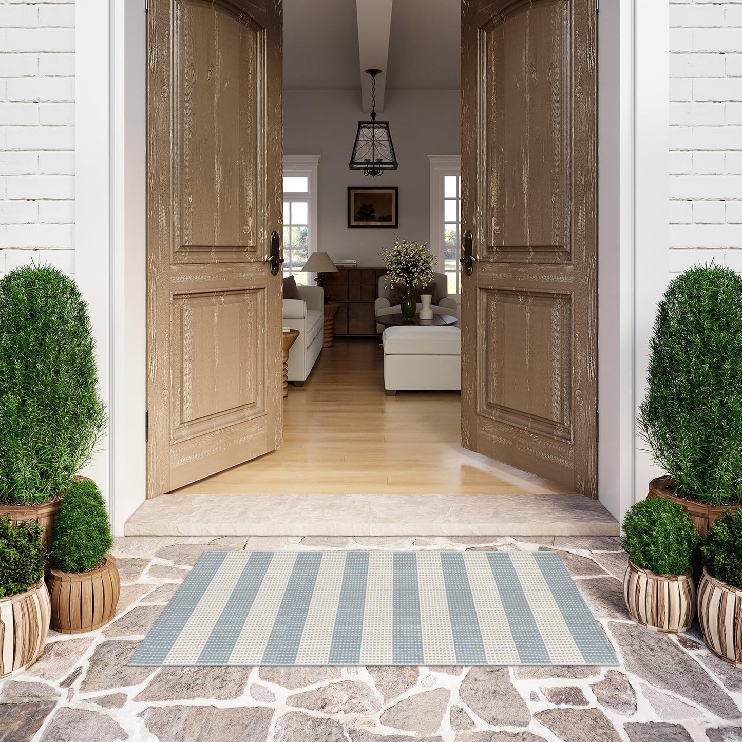 LEEVAN Outdoor Porch Rug 2x4.3, Washable Front Door Mat, Welcome Mat Outside Entrance, Blue White and Tan Striped Outdoor Entryway Rug, Farmhouse Buffalo Plaid Porch Layered Doormats Entry