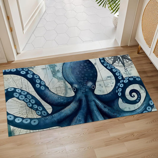 Plistiz Nautical Octopus Indoor Door Mat, 17x29.5 Inch, Floor Area Rug for Entryway, Living Room, or Bathroom, Non-Slip Doormat, Blue Marine Home Decor Rug Gifts