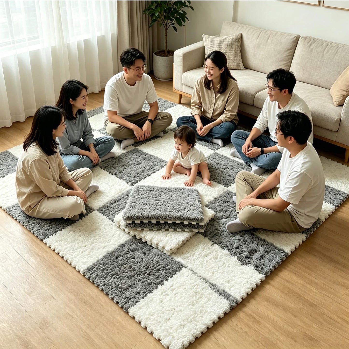 12 Pcs Soft Plush Interlocking Foam Floor Mats, Thick Puzzle Play Mat Tiles, Non Slip Carpet Tiles for Bedroom,Nursery,Living Room, DIY Area Rug Floor Padding(12" x 12" (Square), Blue+Grey)