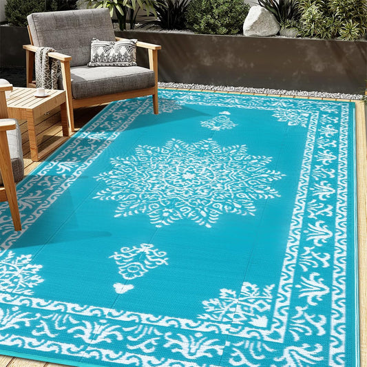 Outdoor Rug 5x8 Ft, Waterproof Plastic Straw Patio Rug, Reversible Backyard Carpet UV Resistant Portable RV Mat Clearance, Large Indoor Outdoor Rug for Patio, Porch, Deck, Balcony, Teal
