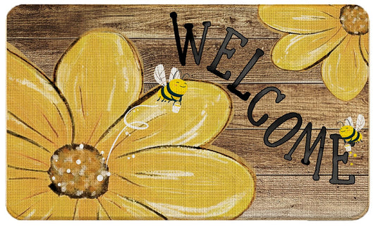 WARDOS Sunflower Bee Welcome Door Mat, Spring Summer Yellow Floral Doormat for Front Door Porch Outdoor Indoor Entrance, Farmhouse Rustic Honey Bee Bumblebee Doormat, 17x30 Inches