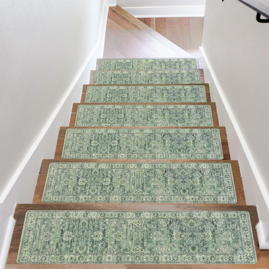 OJIA Extra Non-Slip Stair Treads for Wooden Steps, 30"X8" Indoor Stair Runners Slip Resistant Stair Rugs Safety Mats for Dogs, Kids & Elders, Rubber Backed Stair Treads Stair Covers, 15PC, Green