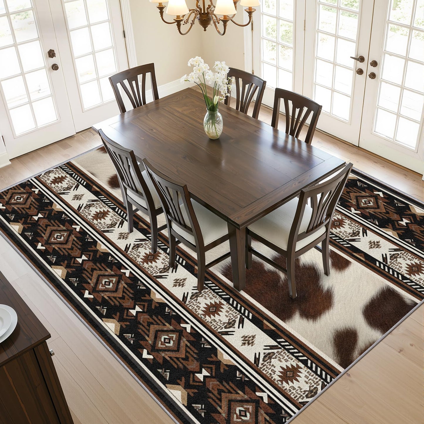 SherAvant Aztec Area Rugs - Cowhide Southwestern Tribal Rug 3x5, Cabin Rustic Washable Lightweight Carpet Room Decor (Brown/Black)