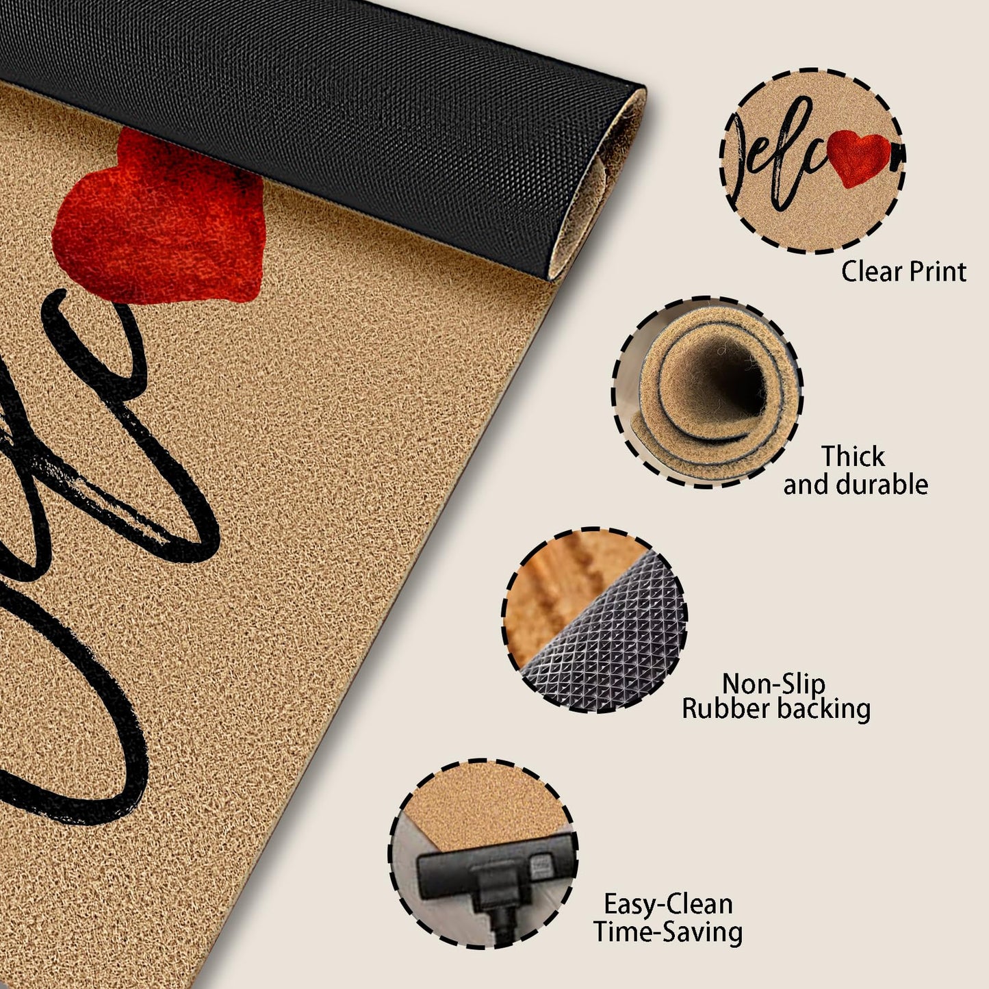 BitKAM Welcome Love Heart Coco Coir Doormat Door Welcome Mat for Home Entrance Front Door, Valentine Love-Heart Anniversary Valentine's Day Floor Mats for Outdoor Outside Entryway 30x17 Inch