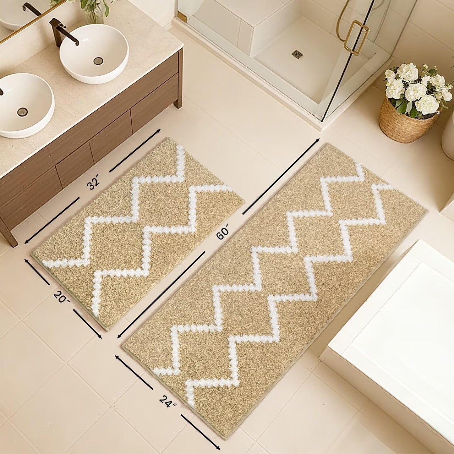 DEXDE Bathroom Rug 60"x24" Beige Non-Slip Washable Absorbent Bath Runner