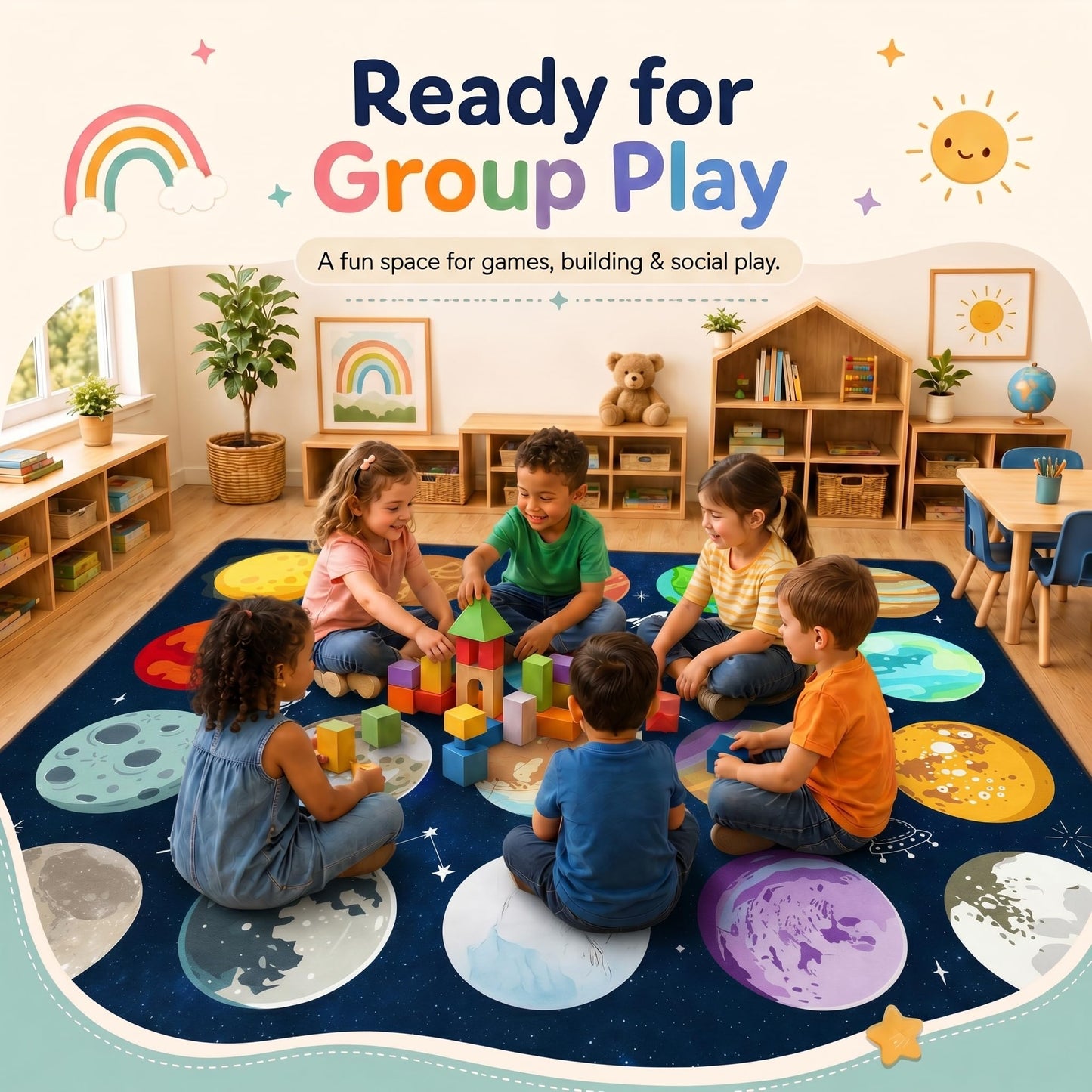 Kimicole 20 Seats Classroom Rugs for Elementary Preschool 8x10 Planet Blue