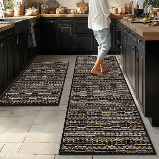 Kitchen Rugs Sets of 2-Non Slip Kitchen Mats for Floor-Thick Stain Resistant Vintage Kitchen Floor Mat Runner Carpet for Hallways Entryway Laundry Room Washable（Black 22"x59"+20"x32"）