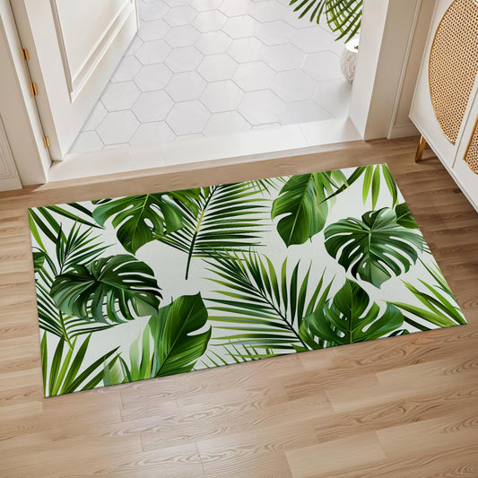 Tropical Leaf Indoor Door Mat, 17x29.5 Inch, Floor Area Rug for Entryway, Living Room, or Bathroom, Non-Slip Doormat, Monstera and Palm Greenery Pattern Design Home Decor Rug Gifts