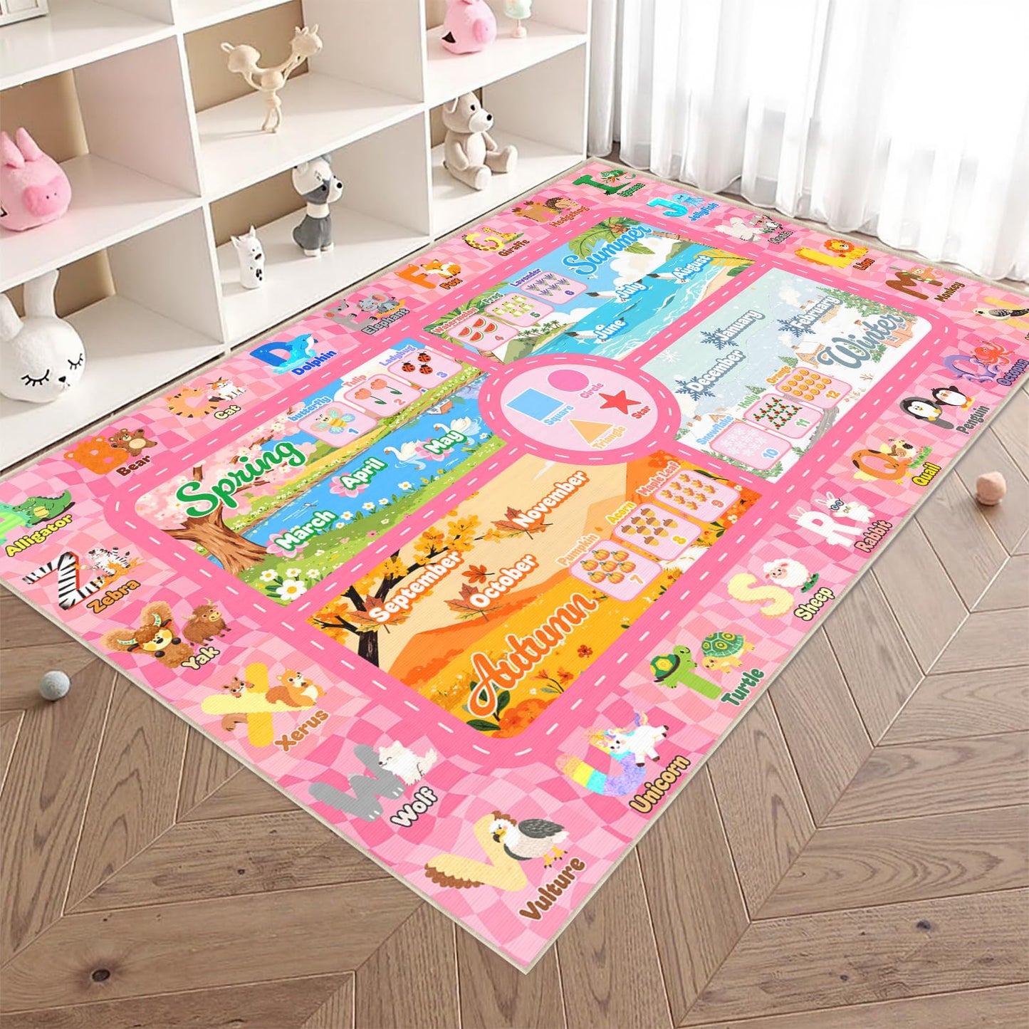 Auetwyona Kids Playroom Rug 4' x 6'- Educational Alphabet ABC Mat with Animals,Seasons & Numbers | Pink Classroom Rug & Playroom Essential Fun Play Mat Washable Kids Area Rug for Girls Bedroom