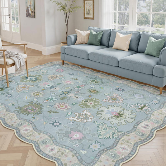 LORWER Oushak Area Rug for Living Room 5x7, Scalloped Blue Vintage Boho Floral Soft Carpet, Washable Low Pile Non Slip Rugs for Nursery Bedroom Dorm Dining Room