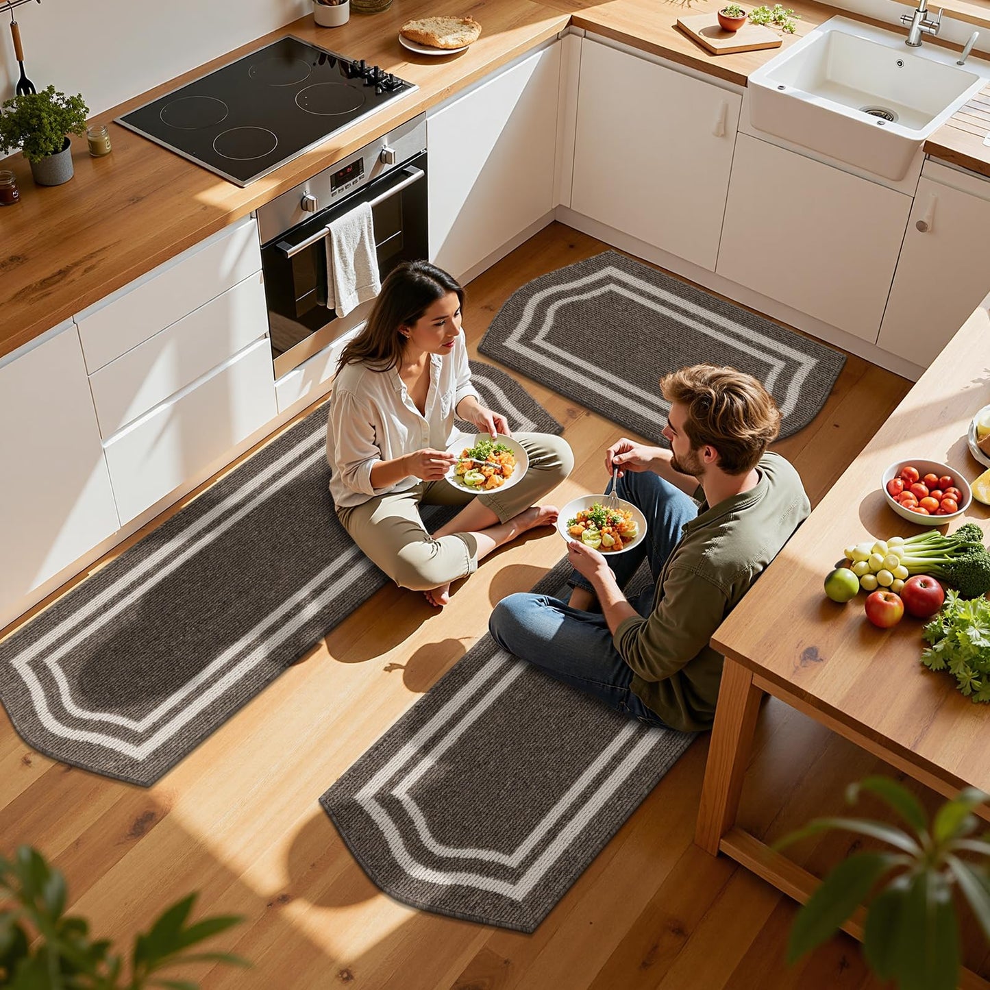 HEBE Farmhouse Kitchen Rugs Sets of 3 Non Slip Washable Boho Kitchen Rugs and Mats for Floor Kitchen Runner Rug Floor Carpet for Kitchen, Laundry, Hallways