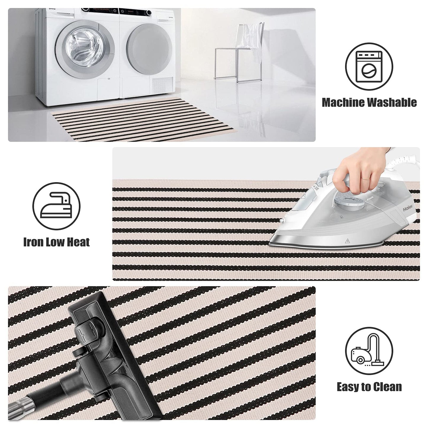 LEEVAN Black and White Striped Rug Doormat 2x3 Washable Front Porch Rug Farmhouse Layered Door Mats Outdoor Cotton Hand Woven Throw Carpet for Entryway/Front Steps/Bathroom/Home Entrance