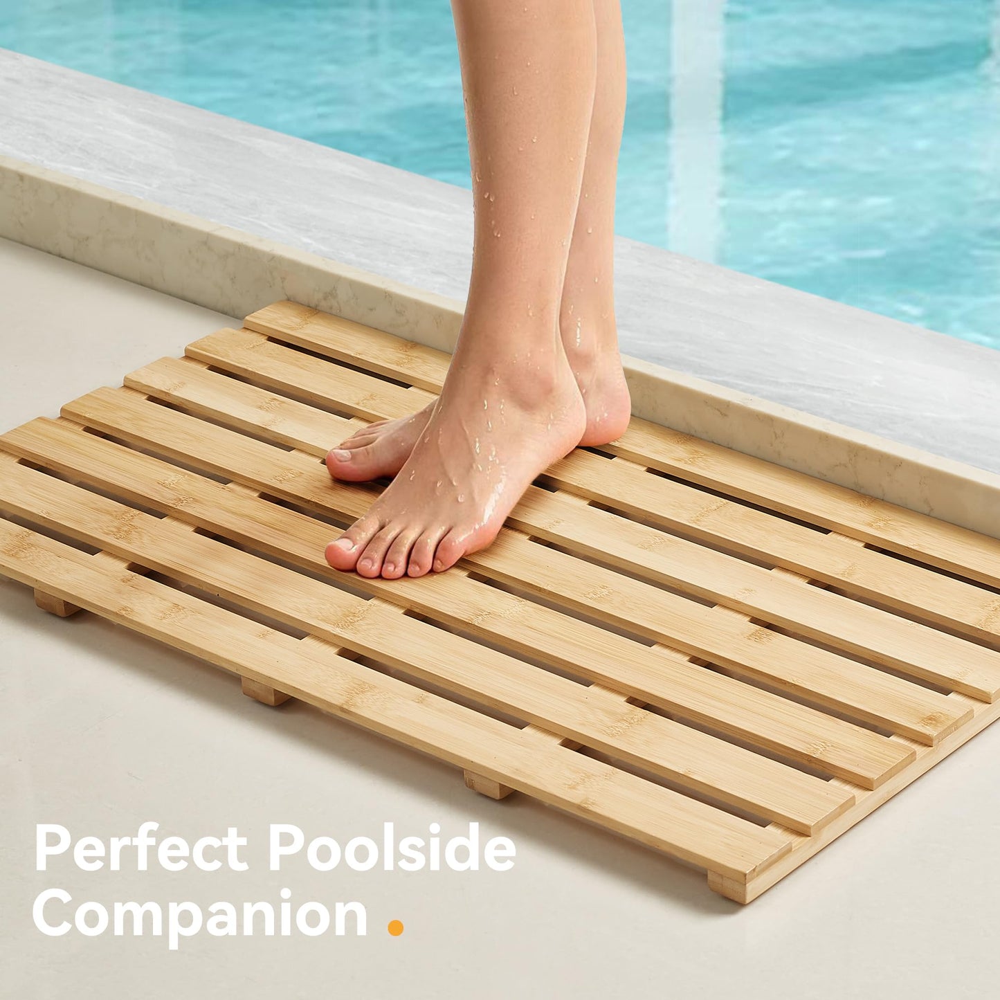 Yampos Bamboo Bath Mat, Non-Slip Waterproof Shower Mat with Rubber Feet Luxury Spa-Grade Wooden Floor Mat for Bathroom, Bathtub, Sauna, Indoor & Outdoor Use