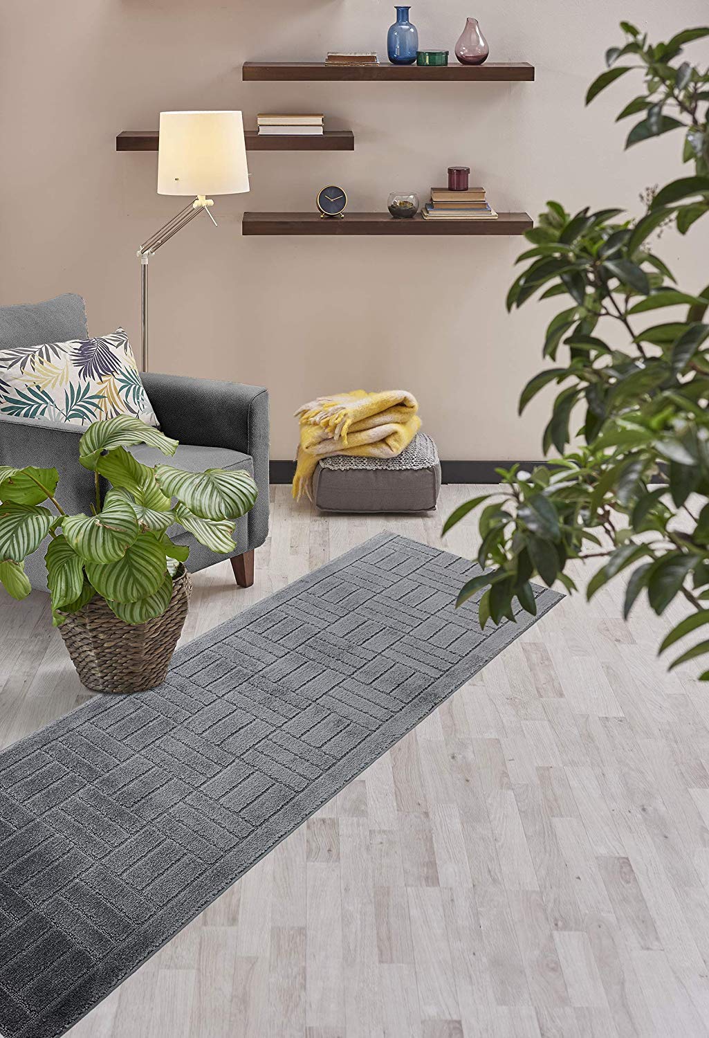6 FT Long Non-Slip Washable Carpet Runner Rug with Rubber Backing, Custom Floor Mat for Kitchen Hallway Stairs Bedroom Bathroom Entry, Bricks Anthracite Grey, Your Choice of Length, (26" X 6')