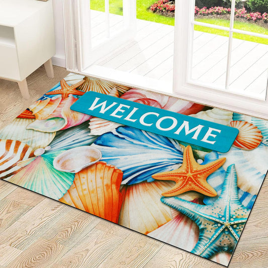 Likiyol Summer Door Mat Outdoor Indoor Welcome Mat, Ocean Beach Front Door Mat Outside Entrance, Non Slip Washable Rubber Entryway Rug Seashell Outdoor Mats for Front Door, Low Profile, 18" x 30"