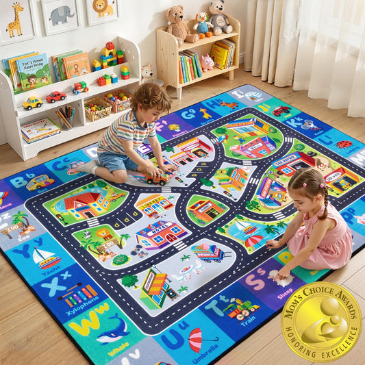 Rogara Car Rug Playmat, City Road Map Kids Rug, Educational Learning Play Mat, Soft Non-Slip Machine Washable ABC Alphabet Carpet for Bedroom Nursery Preschool Classroom
