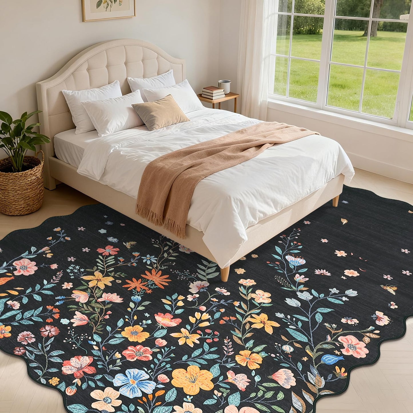 Garvee Large Rugs for Living Room 10x13 Scalloped Floral Rug Washable Rugs Stain Resistant Easy Cleaning Non Slip Floor Cover for Apartment Dining Room Office Nursery, Black