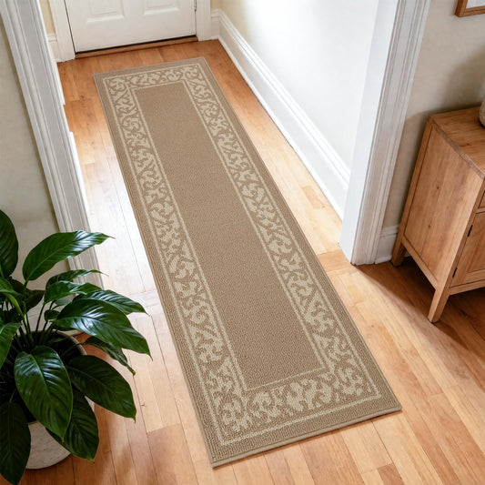 Washable Runner Rug 2x6 Ft, Non-Slip Hallway Rug with Rubber Backing, Kitchen Runner, Low Profile Indoor Carpet for Entryway, Laundry Room, Bedroom. (Border Beige, 24‘’X72'')