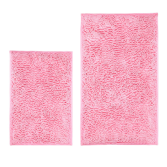 LanYunUmi Pink 2 Pieces Bathroom Rugs, Ultra Soft Non Slip Absorbent Chenille Toilet Bath Mat Set Rugs for Slip-Resistant Shag Extra and Rug Shower Room Machine-Washable Fast (Pink, 20"x32"+16"x24")