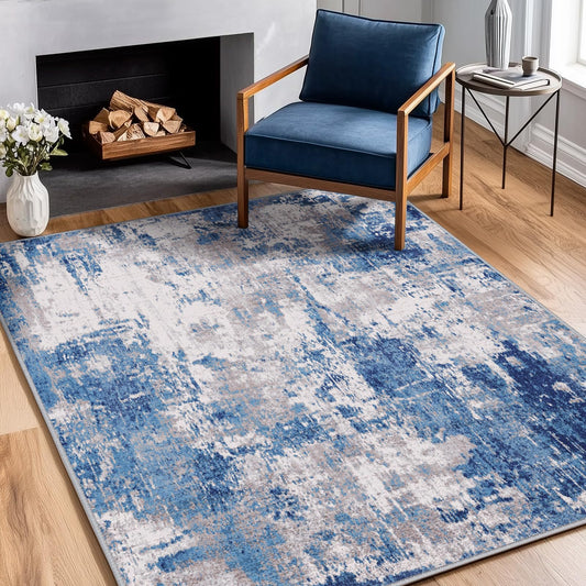 RELEANY Washable Area Rugs 3'x5' Non-Slip Modern Abstract Soft for Living Room Entryway Bedroom Kitchen, Print Pattern, Blue Grey Navy Gray