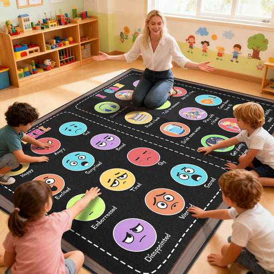 Classroom Rug Elementary 5x7 ft, Calming Corner Rug for Classroom Daycare Preschool, Educational Sensory Emotion Feelings Carpet, Smiley Face Kids Play Mat for Playroom, Non-Slip Washable(Black)