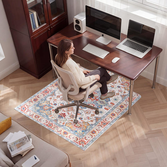 Klyyo Clyro Extra Large 57"x46" Boho Office Chair Mat with Lip Vintage Chair Rug for Hardwood Floor Home Rug with Non-Slip Backing Stain-Resistant for Home Office Floor Protection Decoration