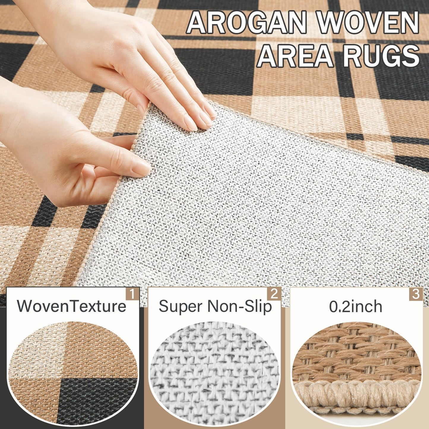 AROGAN Checkered Jute Runner Rug for Hallway, 2x6 Kitchen Runner Washable Rugs Carpet, Long Farmhouse Design Geometric Rugs for Entryway Indoor Laundry Welcome Mat 6 Ft Entry, Black and Brown