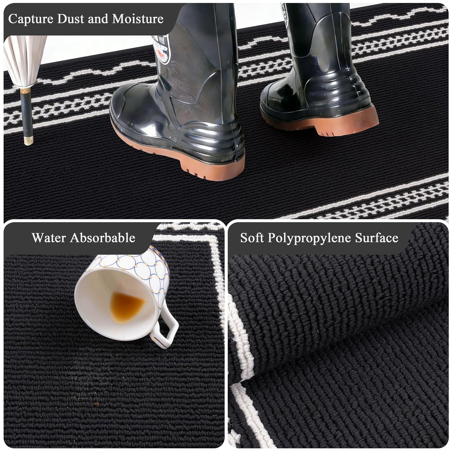 Ileading Indoor Door Mat 2x3ft, Absorbent Dog Muddy Paws Mats, Low-Profile Entrance Small Runner Carpet with Non-Slip Rubber Backing, Washable Inside Welcome Mat for Hallway,Entryway,Kitchen(Black)