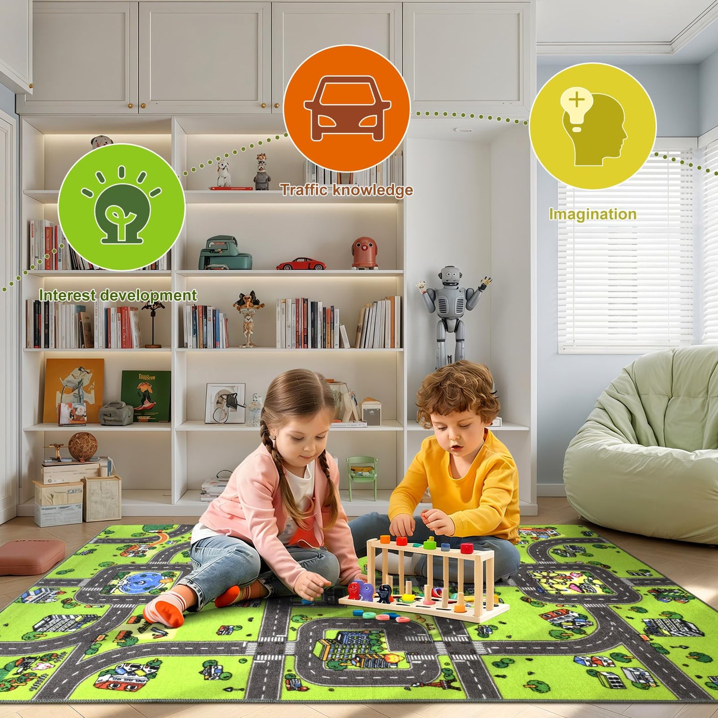 Terrug Kids Rug for Playroom, Non-Slip Washable Educational City Map for Classroom, Town Road Playmat Carpet for Bedroom Learning, 4x6 Feet