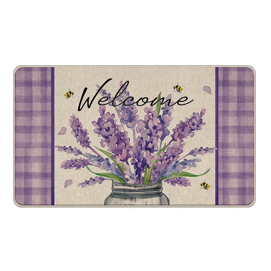Livcoz Welcome Spring Summer Lavender Flower Front Door Mat, Purple Floral Bee Jar Decorative Doormat Non-Slip Floor Entryway Rug, Plaid Farmhouse Indoor Outdoor Home Kitchen Decoration 17''x29''