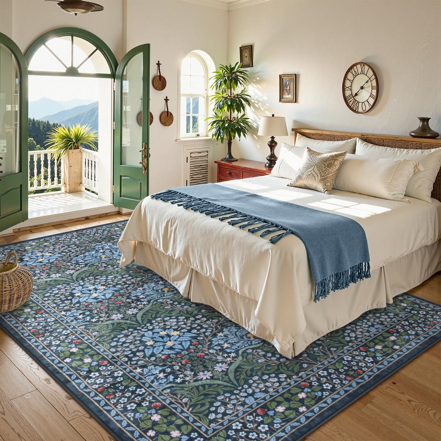 Lahome Floral Washable Area Rugs 5x7, Soft Blue Rugs for Living Room Bedroom, Boho Non Slip Low Pile Forest Stain Resistance Giverny Carpet for Farmhouse Dining Room Office, Blue
