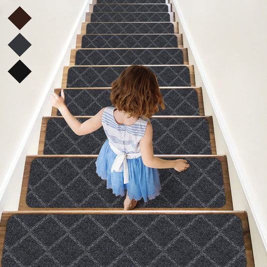 RIOLAND Stair Treads Carpet Non-Slip Indoor 15 PCS Wood Stair Treads Rugs Anti Moving Modern Stair Runners Safety for Kids Dogs, 8" X 30", Diamond Gray