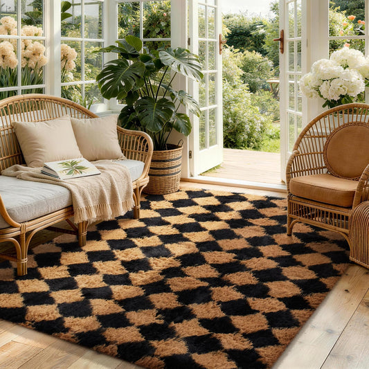 Ophanie Black & Beige Diamond Checkered Rugs for Living Room Bedroom,Rhombus Fluffy Soft Cute Fuzzy Area Rug,Plush Shaggy Bedside Floor 4x6 Furry Carpet Kids Dorm Decor with Over 99 pcs Pile fibers