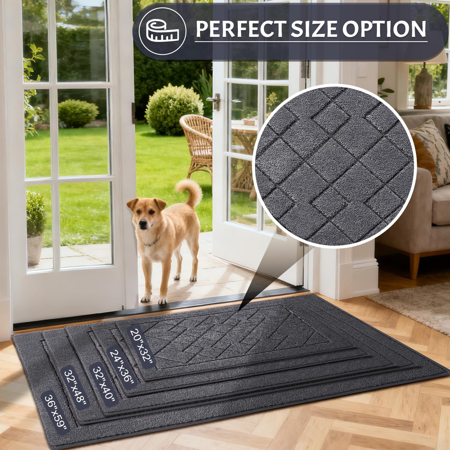 REFETONE Dirt Trapper Door Mat 24" x 36", Washable Indoor Doormat Rubber Backing Non Slip, Resist Dirt and Absorbent Entrance Mat, Low Profile Inside Floor Mats for Front Back Door and Entryway, Grey