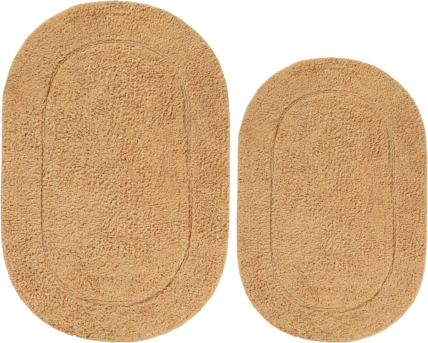 Superior Non-Slip 2 Piece Bath Rug Set, Ultra Plush, Soft and Absorbent 100% Combed Cotton Pile - Traditional Oval Bath Mat Set, Toast
