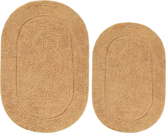Superior Non-Slip 2 Piece Bath Rug Set, Ultra Plush, Soft and Absorbent 100% Combed Cotton Pile - Traditional Oval Bath Mat Set, Toast