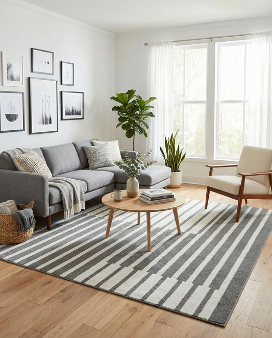 Rugs.com - Oslo Rug – 8 Ft Square Gray Modern Easy-Clean Rug – Geometric Stripe Pattern for Living Rooms, Bedrooms, and Dining Rooms