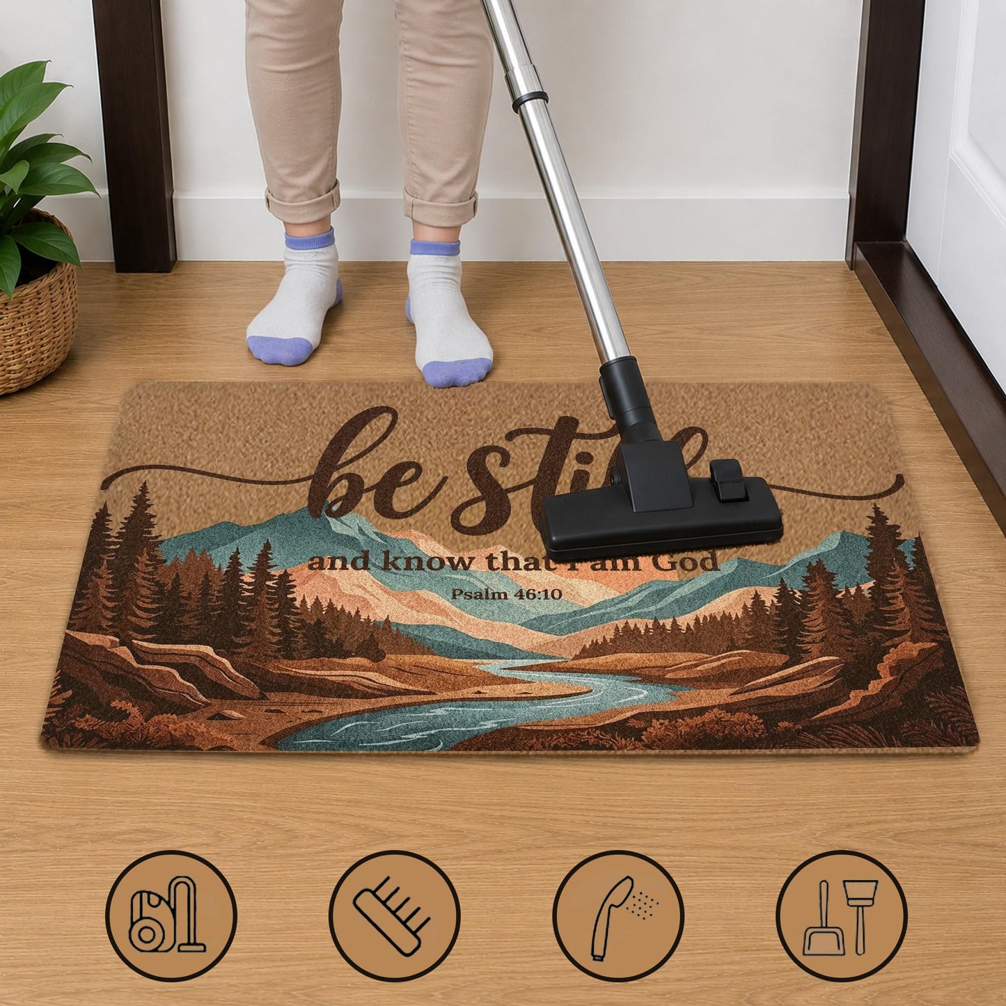 Dwept Christian Mountain Landscape Door Mat, Be Still and Know that I am God Bible Verse Religious Faux Coir Doormat Welcome Mats Outdoor Indoor Entrance Front Door Porch Entryway, 17x30 Inches