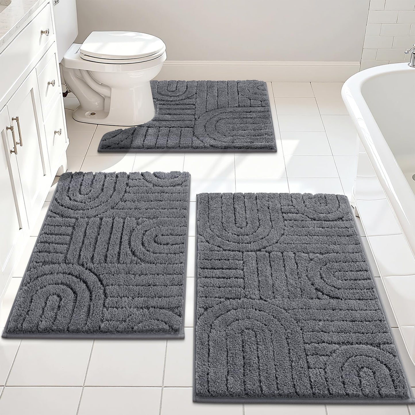 Vaukki Bathroom Rugs Sets 3 Piece, Grey Washable Non Slip Soft Bath Mats for Shower and Tub, Plush Absorbent Microfiber Toilet Rug U Shaped, 32x20+26x18+24x20 Inch