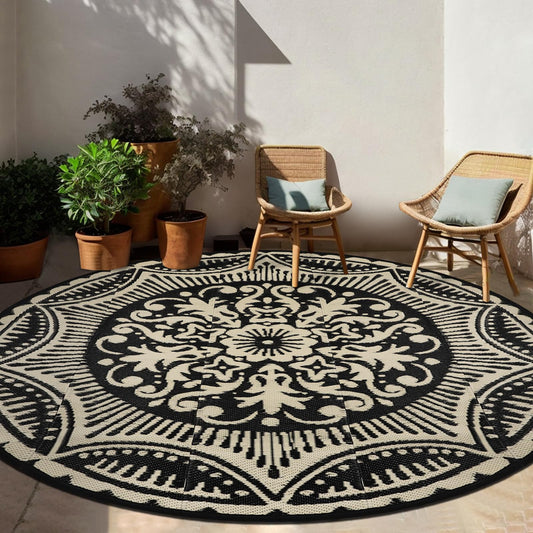 Capslpad 6x6 Floral Outdoor Rug for Patio Clearance Reversible Mat Round Portable Plastic Straw Carpet Waterproof Boho Outside Area Rug for RV Camping Picnic Tent Balcony Beach Deck, Black and Brown