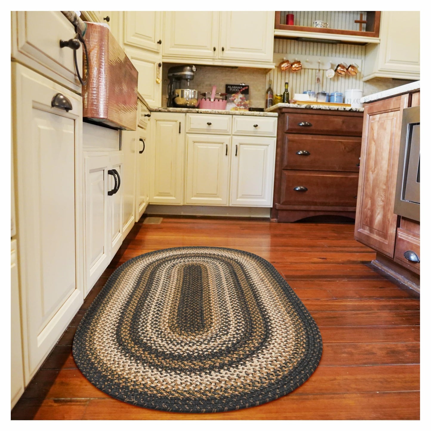 Homespice Kilimanjaro Black & Tan Oval Jute Rug 20x30 - Braided Kitchen Rugs for Primitive Farmhouse Kitchen Decor, Reversible, No Shed Jute for Easy Maintenance