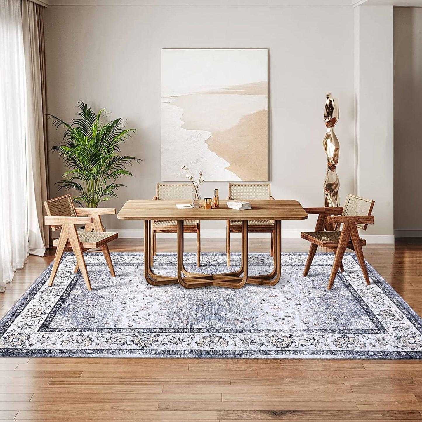 GarveeHome Washable Vintage Boho Floral Gray Rug - 5'x7' Soft Faux Wool Low Pile Stain Resistant Carpet for Living Room, Bedroom, Office, Nursery, Dining Room