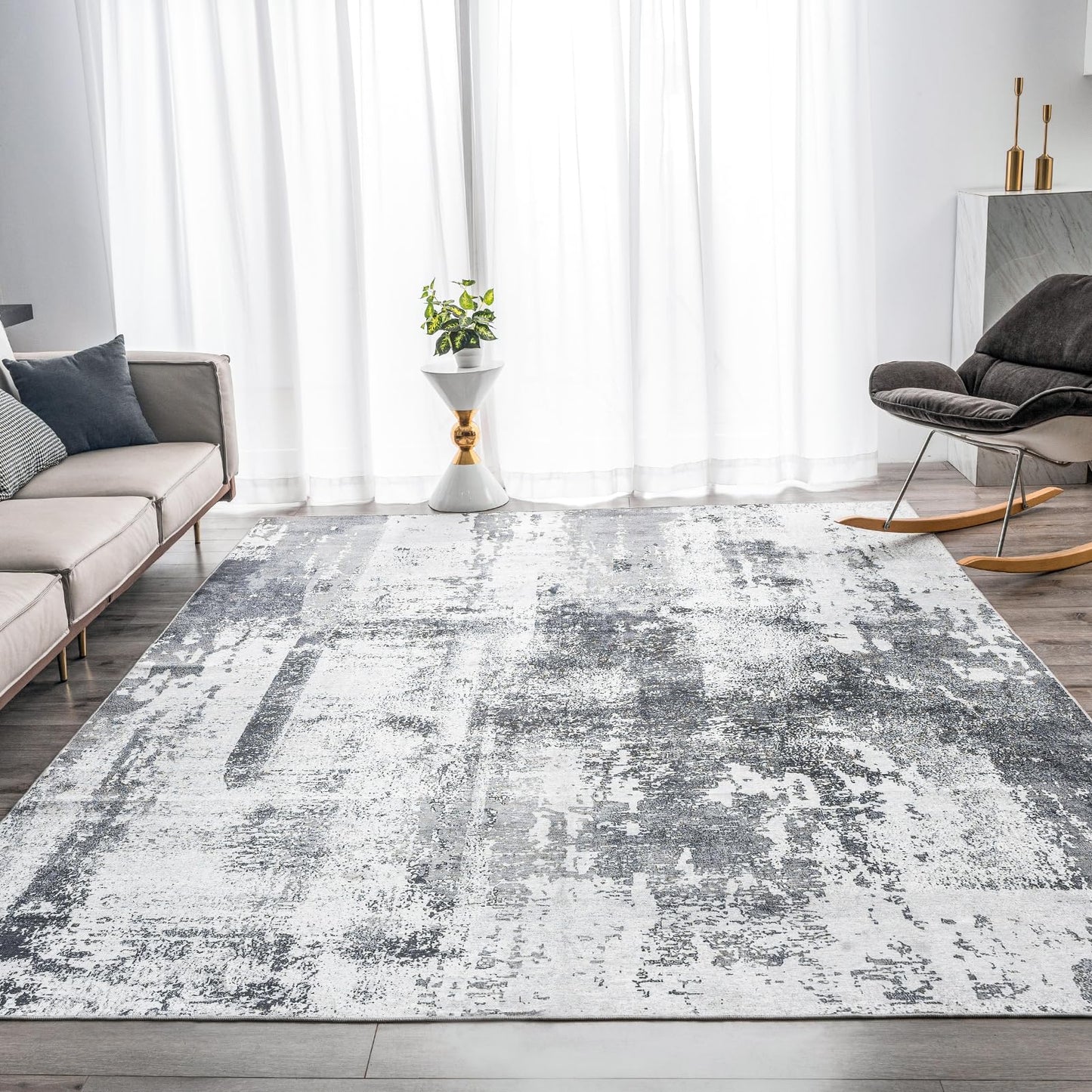 OMERAI Washable Rug 8'x10' Abstract Machine Washable Area Rugs for Living Room Ultra-Thin Non Slip Stain Resistant Modern Large Carpet for Bedroom Dining Room Office (Grey)