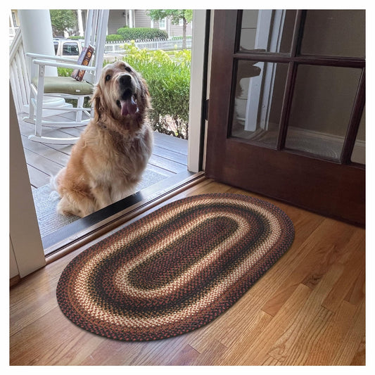 Oval Jute Braided Rug – All Natural Fiber 20" x 30" Area Rug, Made with Natural Jute Twine – A Reversible Rug for Rustic Home Décor – Homespice Prescott Oval Jute Rug 20" x 30" with Black, Red, Brown
