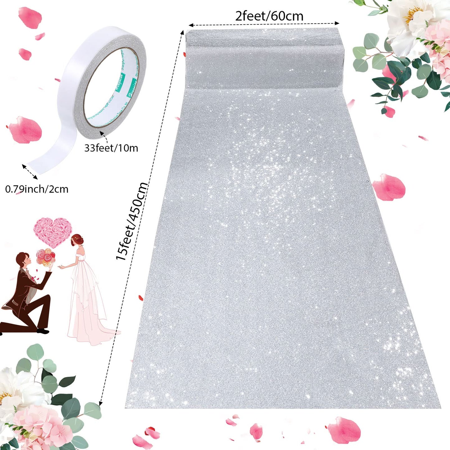 Shihanee Sequin Aisle Runner for Wedding Glitter Rug with Carpet Tape Sparkly Prom Outdoor Floor Birthday Carpet Runner for Ceremony Event Graduation Party(2 x 15 ft,Silver)