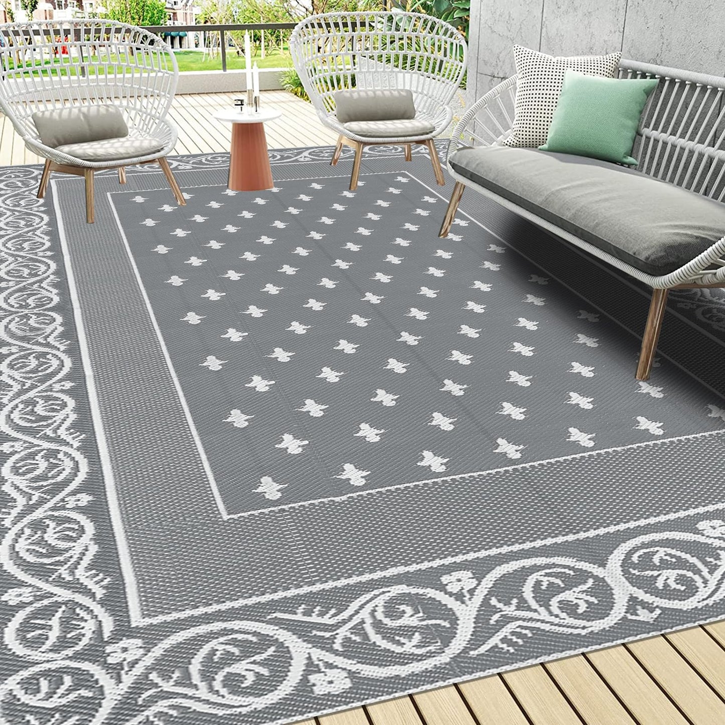 Pauwer Waterproof Outdoor Rug 9x12, Reversible Plastic Straw Patio Camping Rug, Indoor Outdoor RV Mat Carpet for Deck, Camper, Porch, Balcony, Backyard, Picnic, Bordered Grey