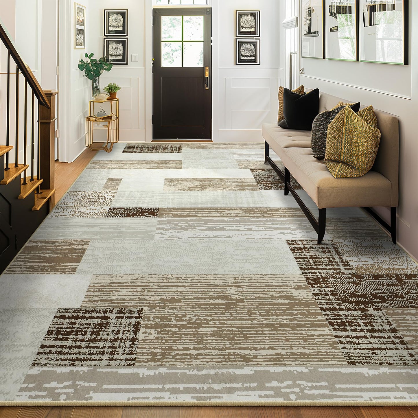 Large Area Rugs,Modern Geometric Patchwork Floor Decor for Bedroom Aesthetic Carpet, Rockwood Collection, Indoor Rugs for Living Room, Dining Room, Nursery, Office, Machine Washable Rug,4x6 Ft Beige