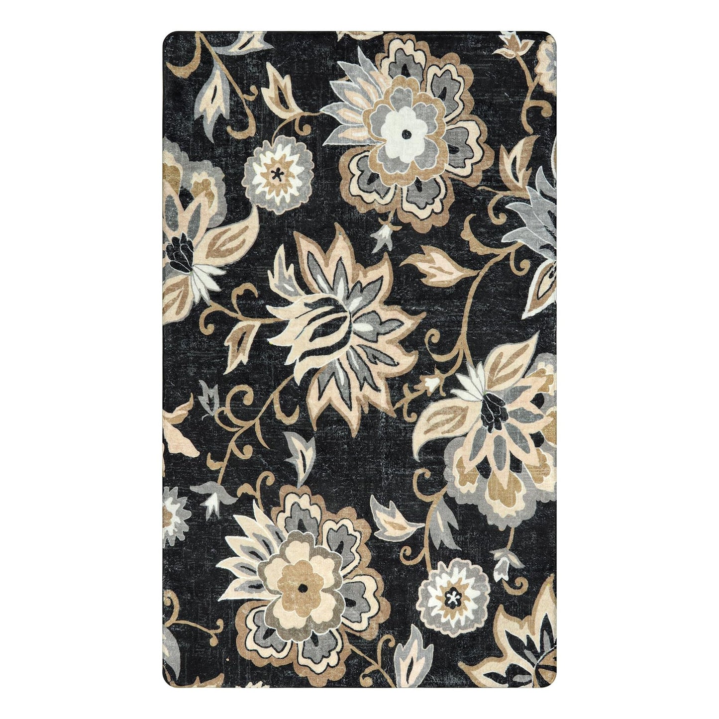Lahome Floral Washable Living Room Area Rug - 3x5 Non-Slip Low-Pile Rugs for Entryway, Throw Small Stain Resistant Kitchen Rugs Soft Black Paisley Print Carpet for Office Bedroom Laundry Room Office
